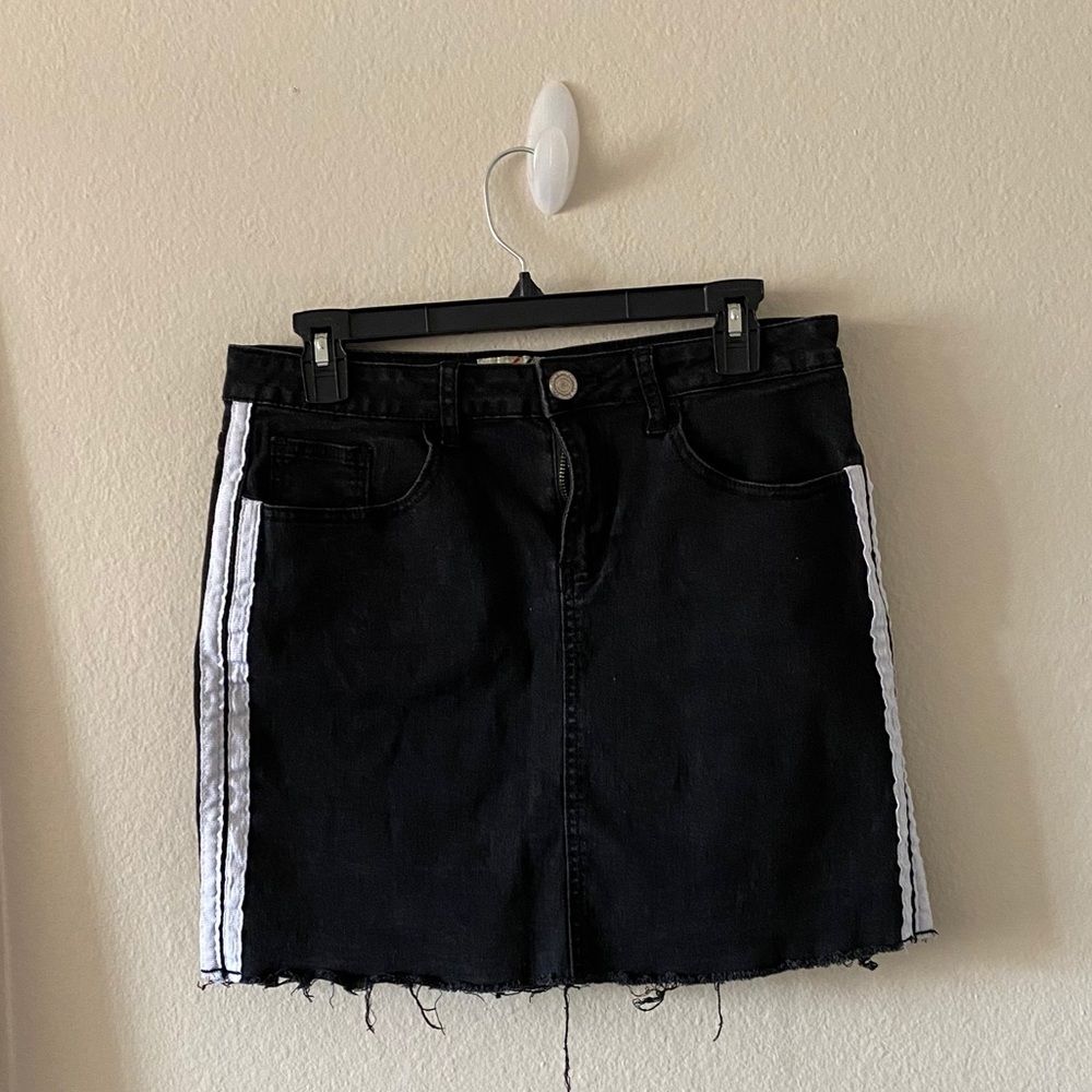 Black Denim Striped Ripped Mini Skirt